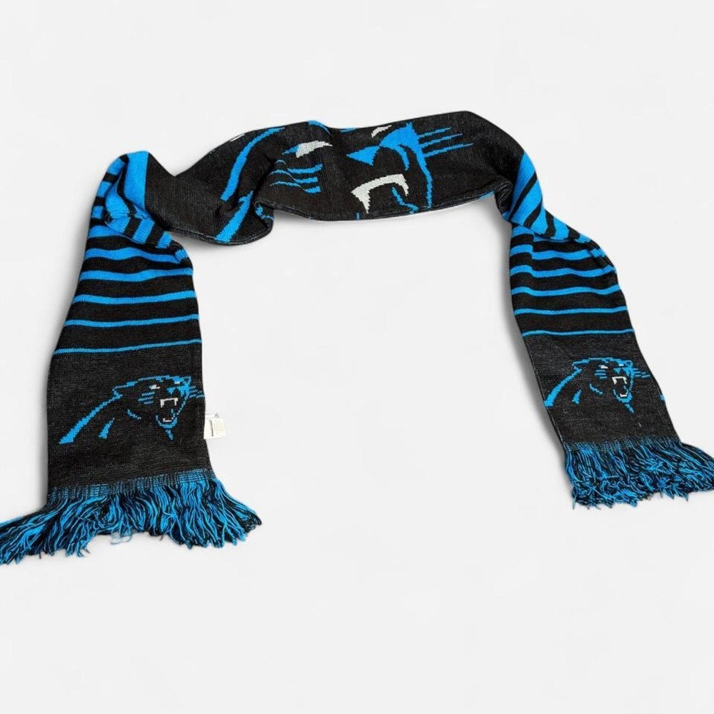 NFL Carolina Panthers Knit Scarf Unisex OS Black Blue Striped Fringed Logo